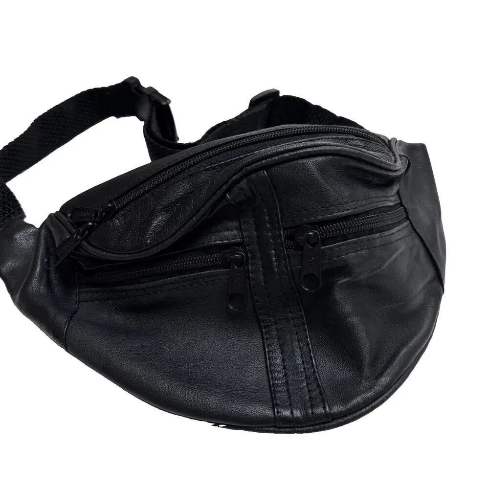 Vintage Leather Black Fanny Pack Waist Belt Bag Unisex Zipper 80s 90s